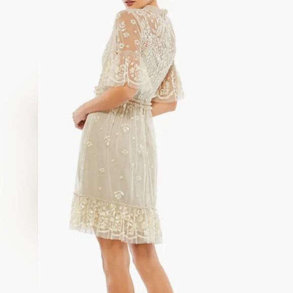 $698 NEW MAC DUGGAL CREAM NUDE LACE ILLUSION HIGH NECK MINI DRESS 8 NWT - Picture 6 of 6